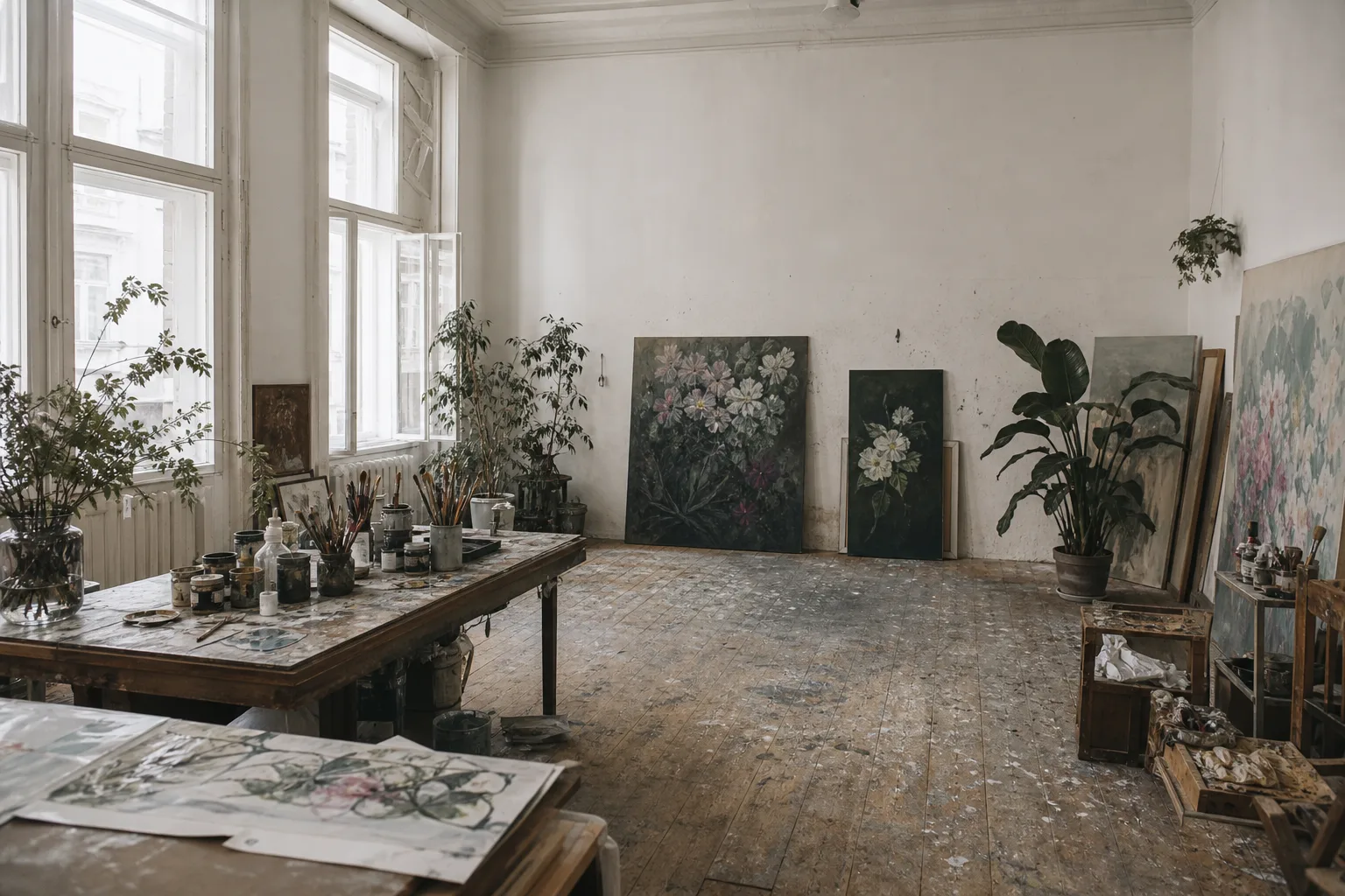 A light-filled painter's atelier with canvases and worktables