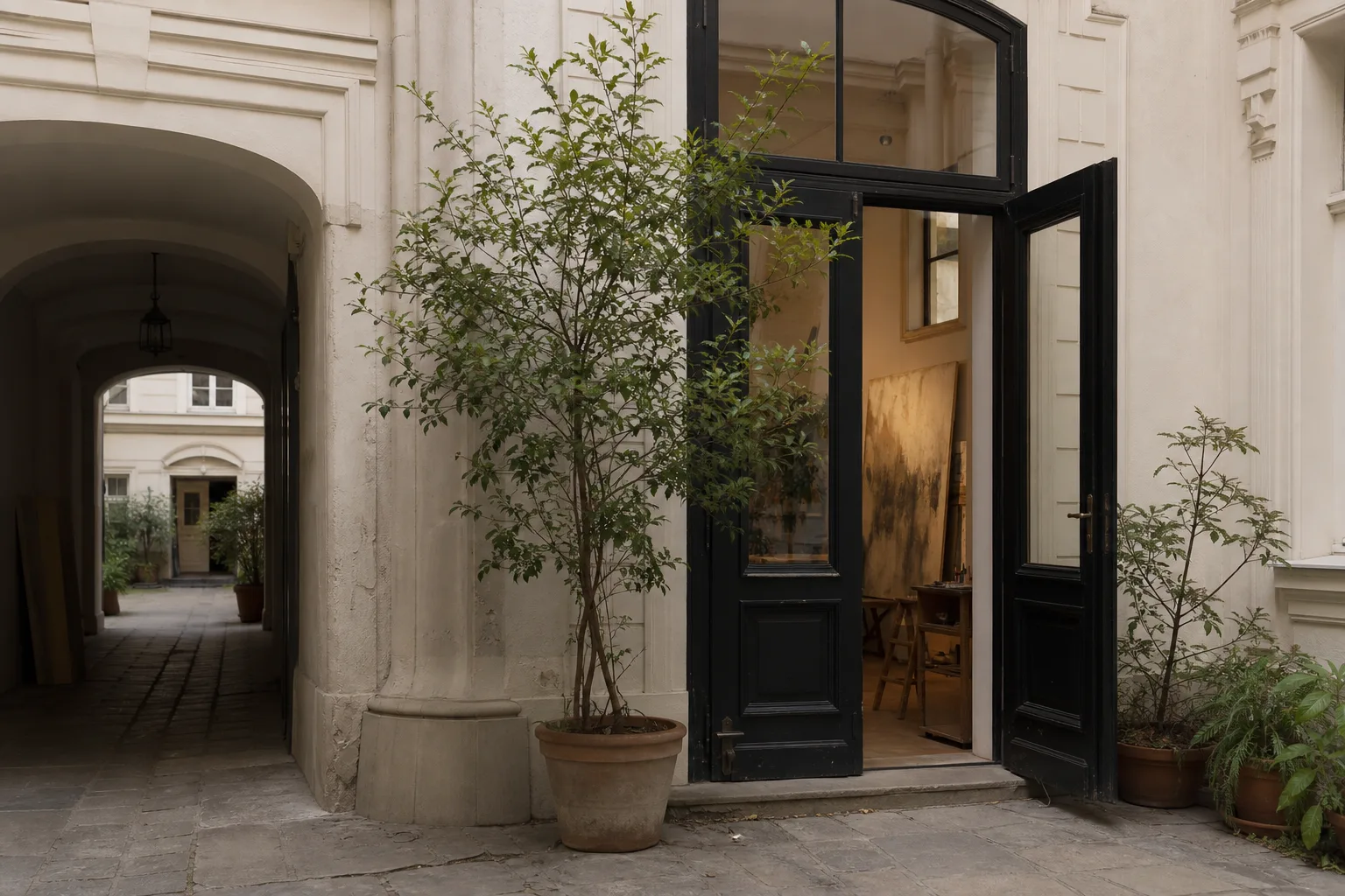 Entrance to a quiet artist atelier in a Viennese courtyard