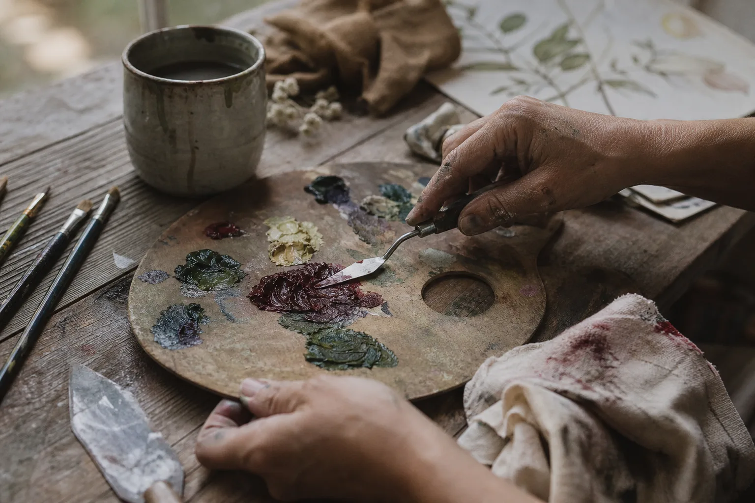 Paint being mixed by hand on an artist's palette